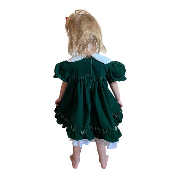 Vintage Hugs and Kisses Green Velvet Girls Dress - Picture 6 of 12